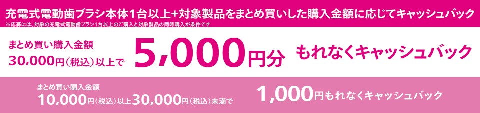 充電式電動歯ブラシ本体1台以上+対象製品をまとめ買いした購入金額に応じてキャッシュバック。応募には、対象の充電式電動歯ブラシ1台以上のご購入と対象製品の同時購入が条件です。詳細はページ下部の注意事項をご確認ください。